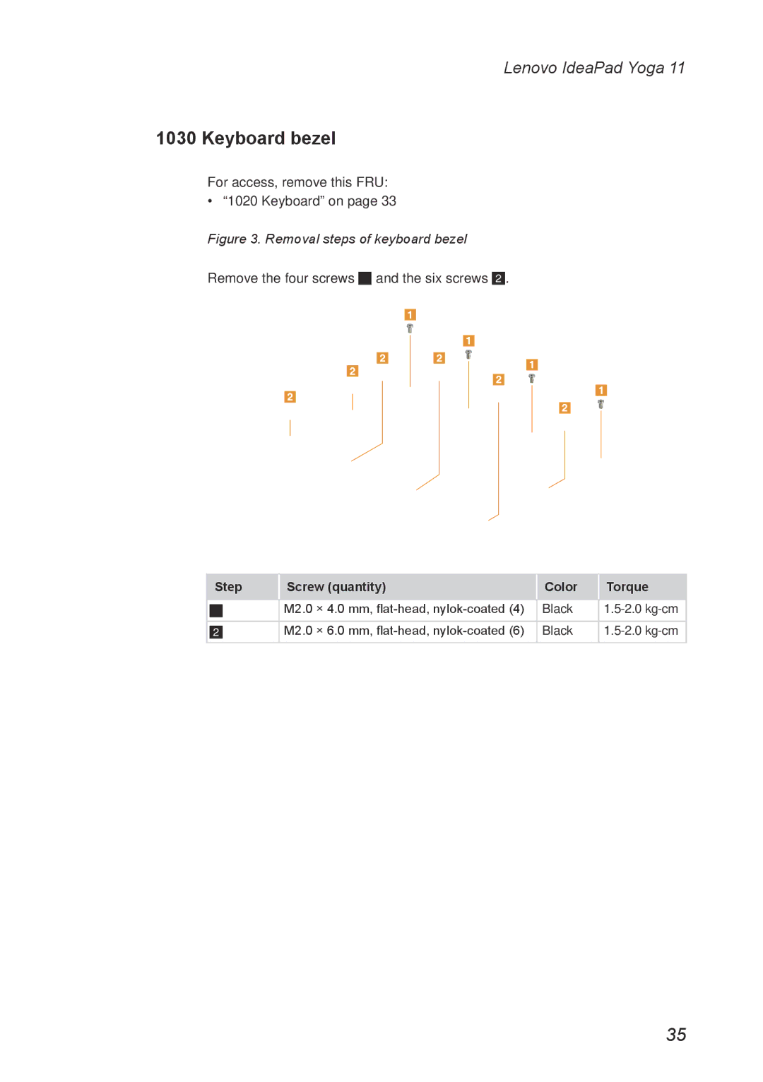 Lenovo 11 manual Keyboard bezel, Remove the four screws 1 and the six screws 