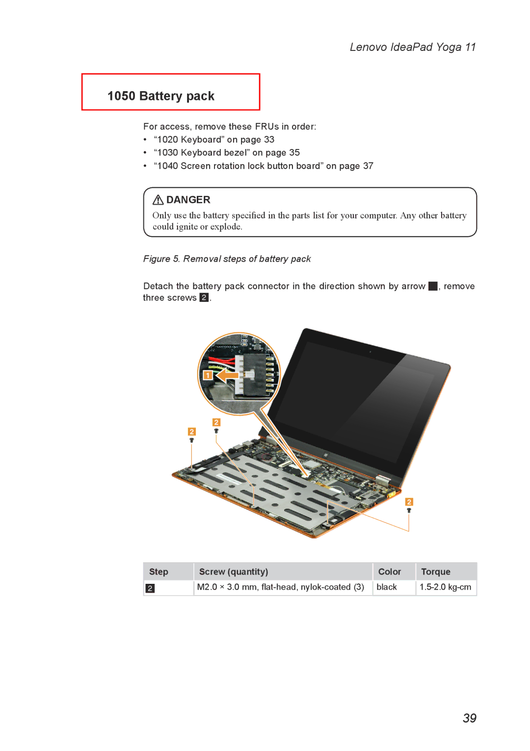 Lenovo 11 manual Battery pack, Removal steps of battery pack 