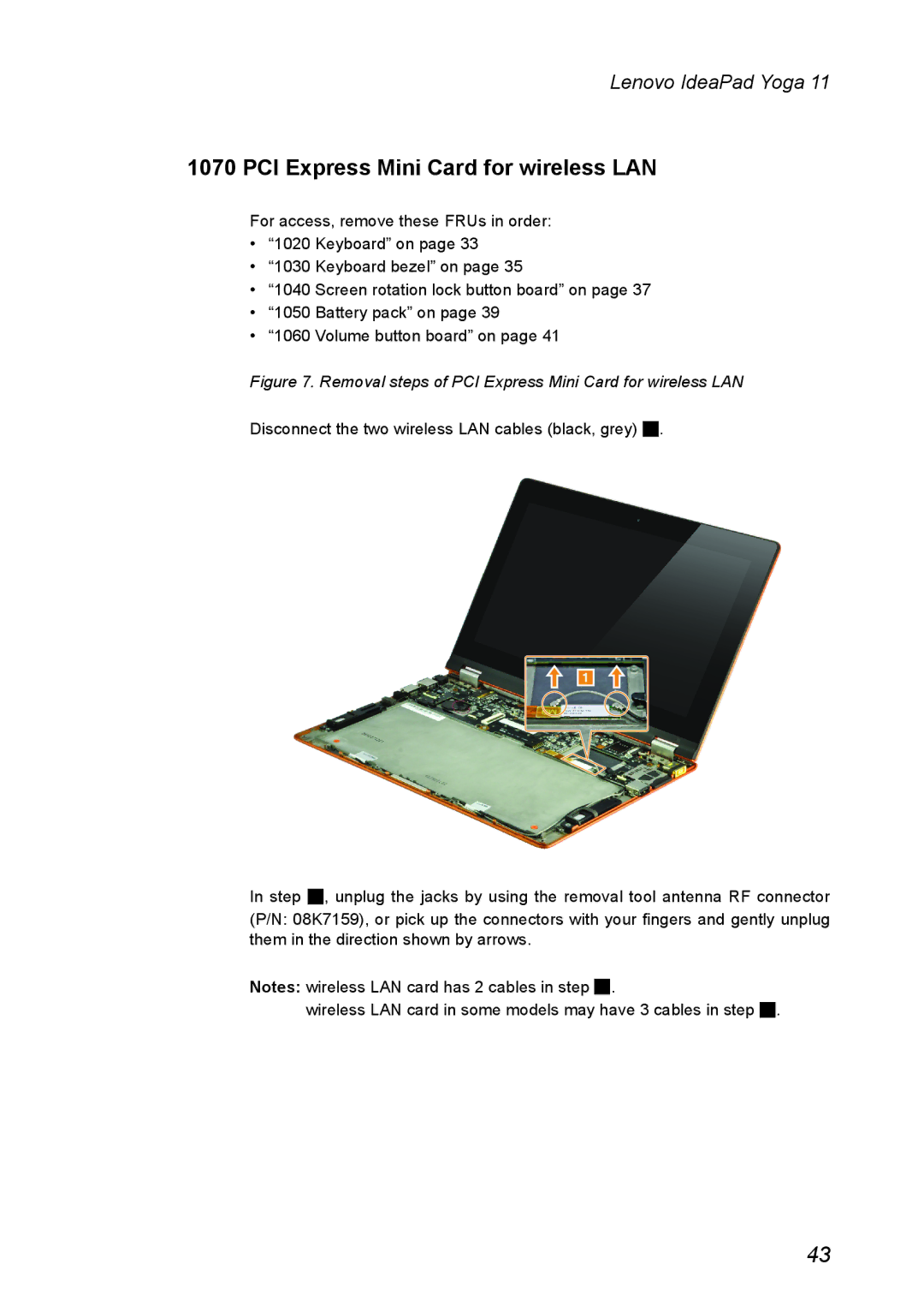 Lenovo 11 manual Removal steps of PCI Express Mini Card for wireless LAN 