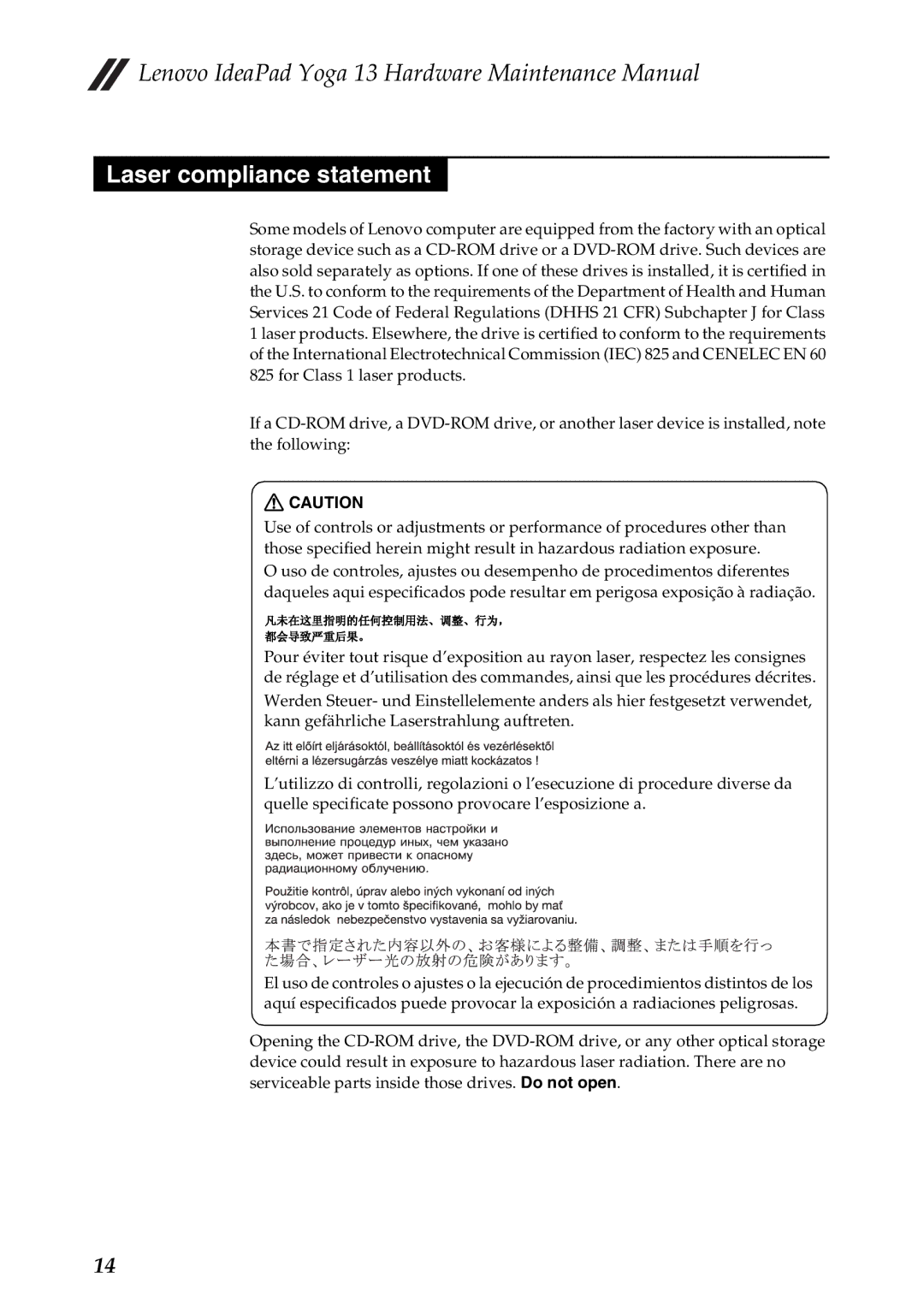 Lenovo 13 manual Laser compliance statement 