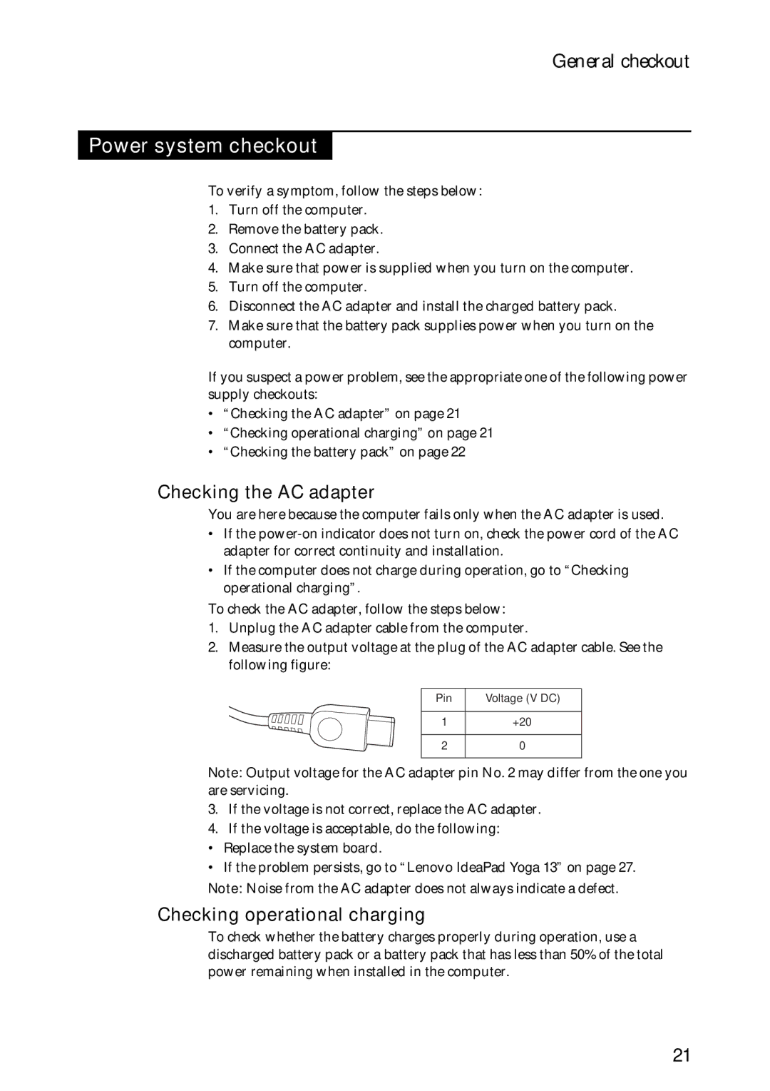 Lenovo 13 manual Power system checkout, Checking the AC adapter, Checking operational charging 