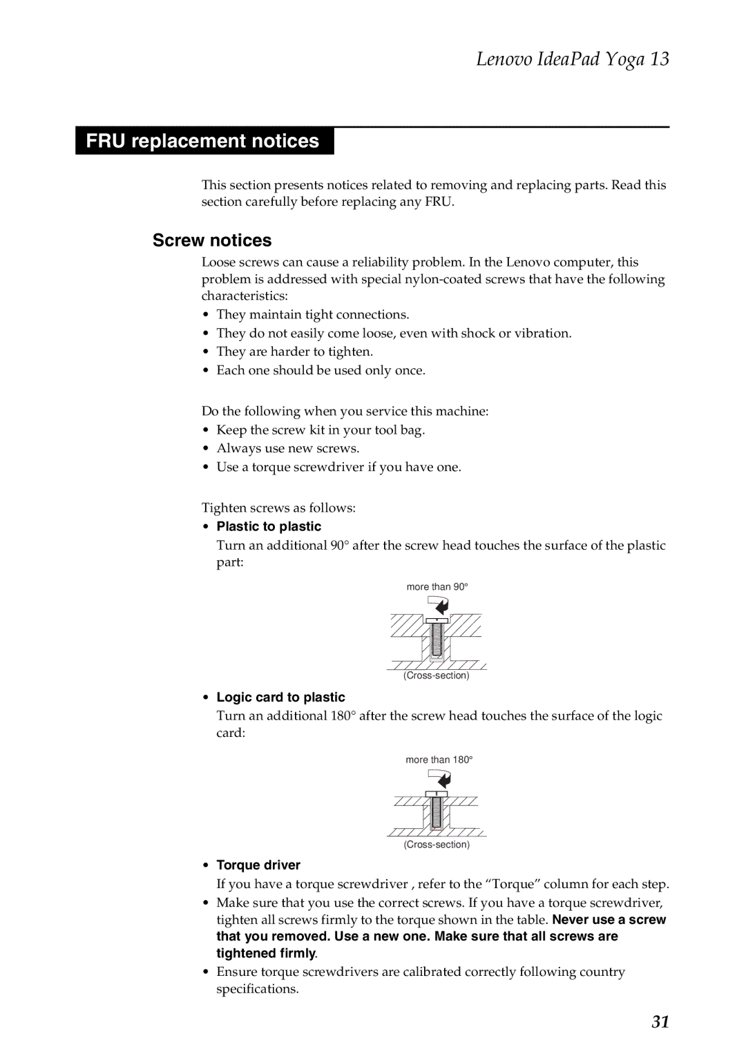 Lenovo 13 manual FRU replacement notices, Screw notices, Plastic to plastic, Logic card to plastic, Torque driver 