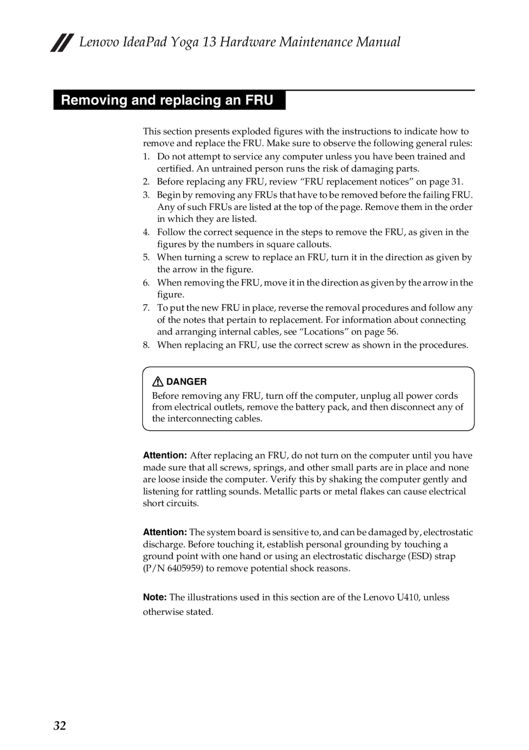 Lenovo 13 manual Removing and replacing an FRU 