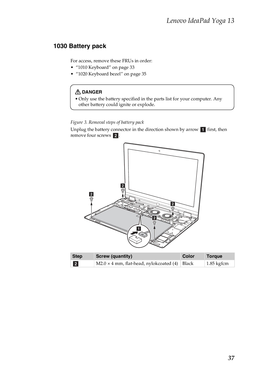 Lenovo 13 manual Battery pack, Removal steps of battery pack 