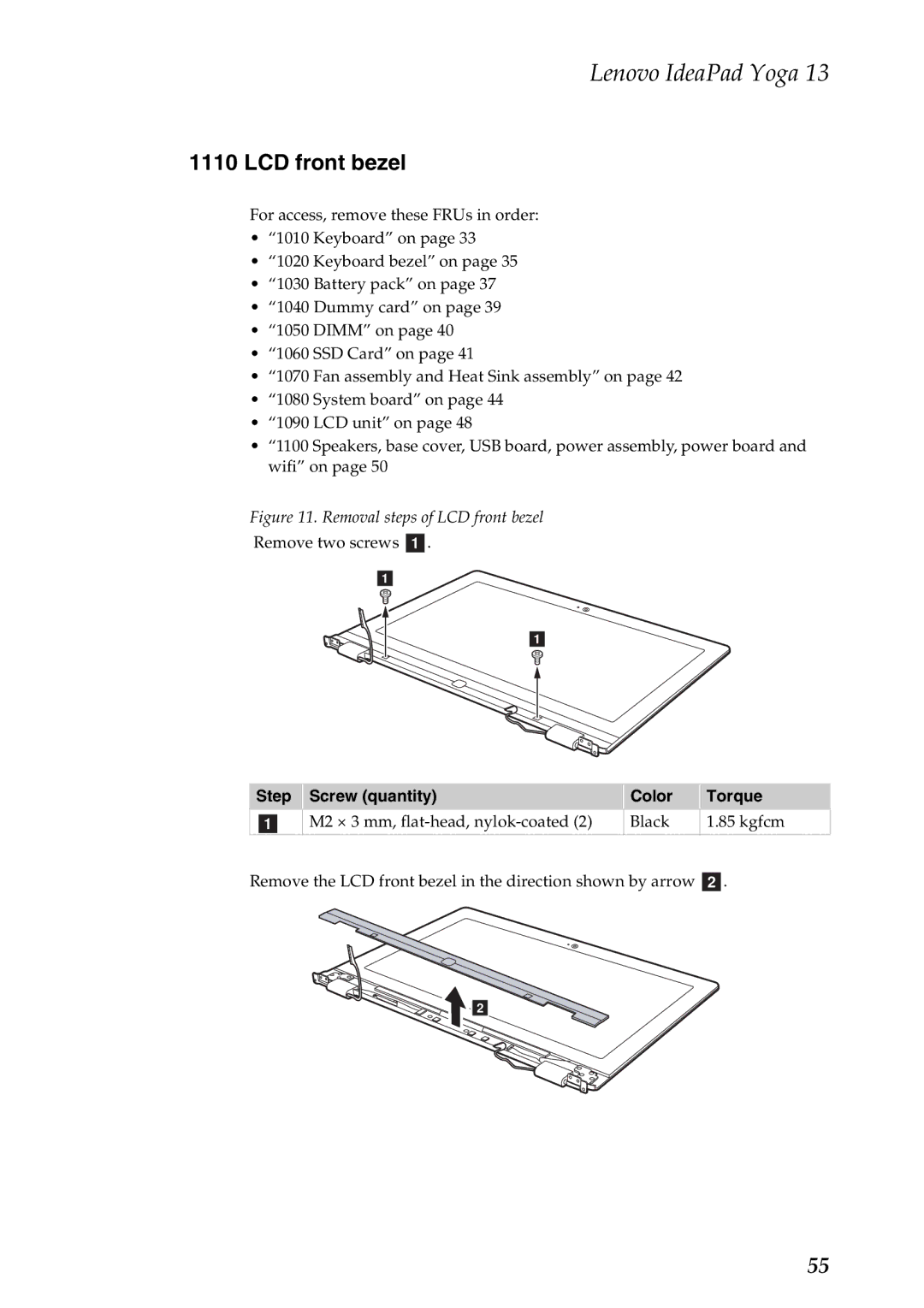 Lenovo 13 manual Removal steps of LCD front bezel 