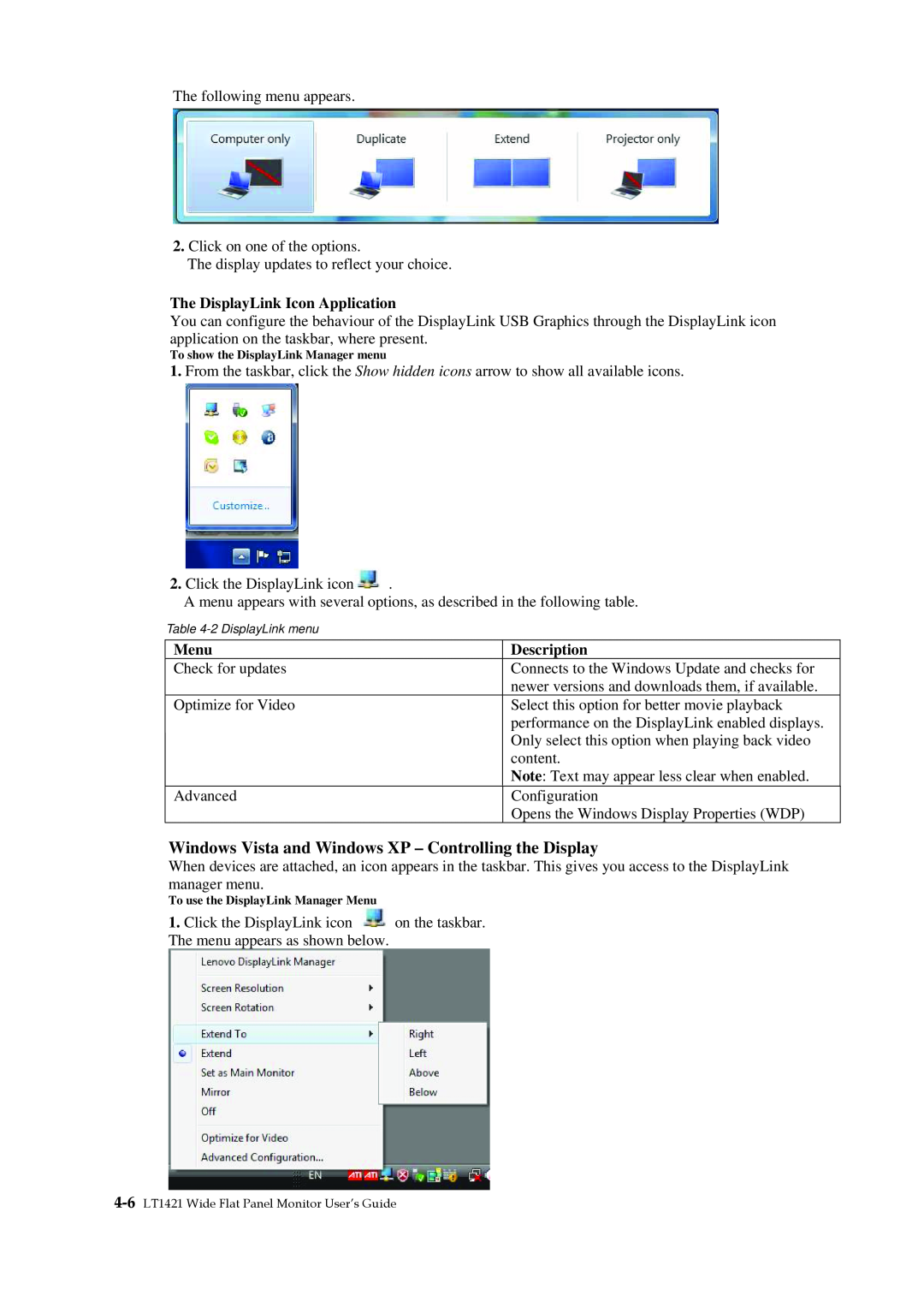 Lenovo 1452DB6 manual The DisplayLink Icon Application, Menu, Description 