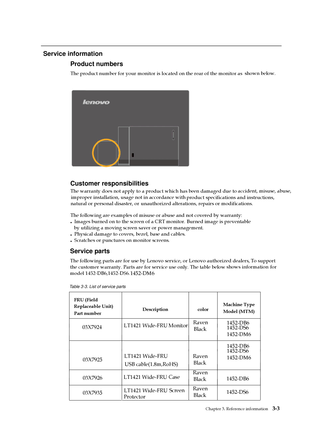 Lenovo 1452DB6 manual Service information Product numbers, Customer responsibilities, Service parts 