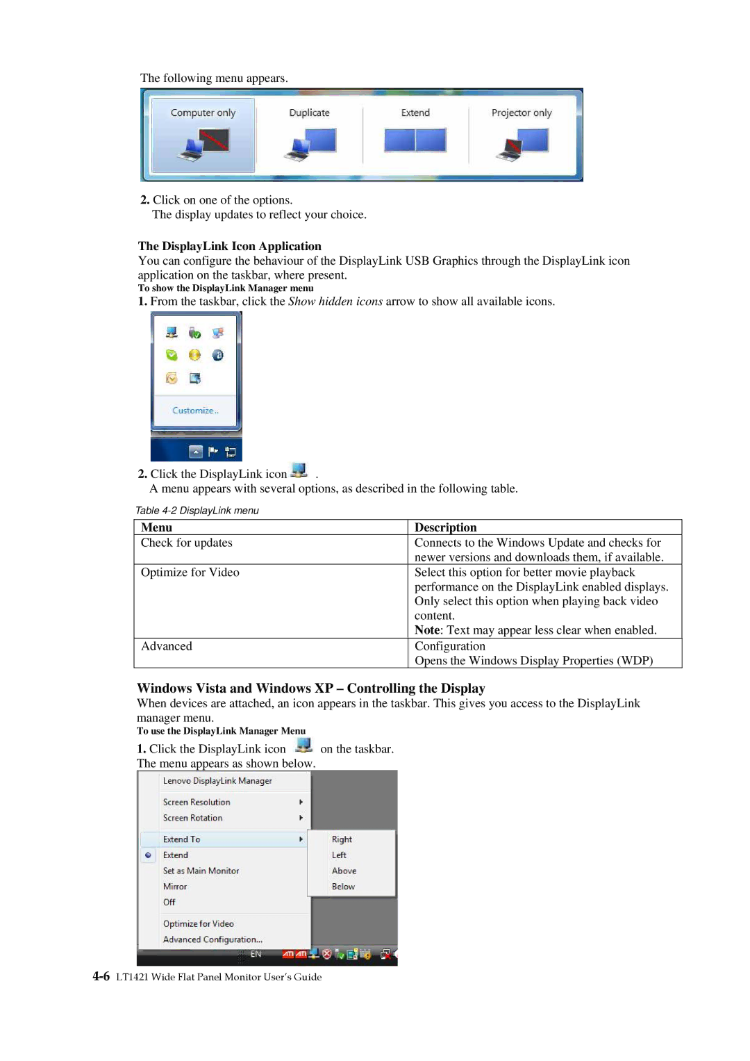 Lenovo 1452DB6 manual Windows Vista and Windows XP Controlling the Display, DisplayLink Icon Application 