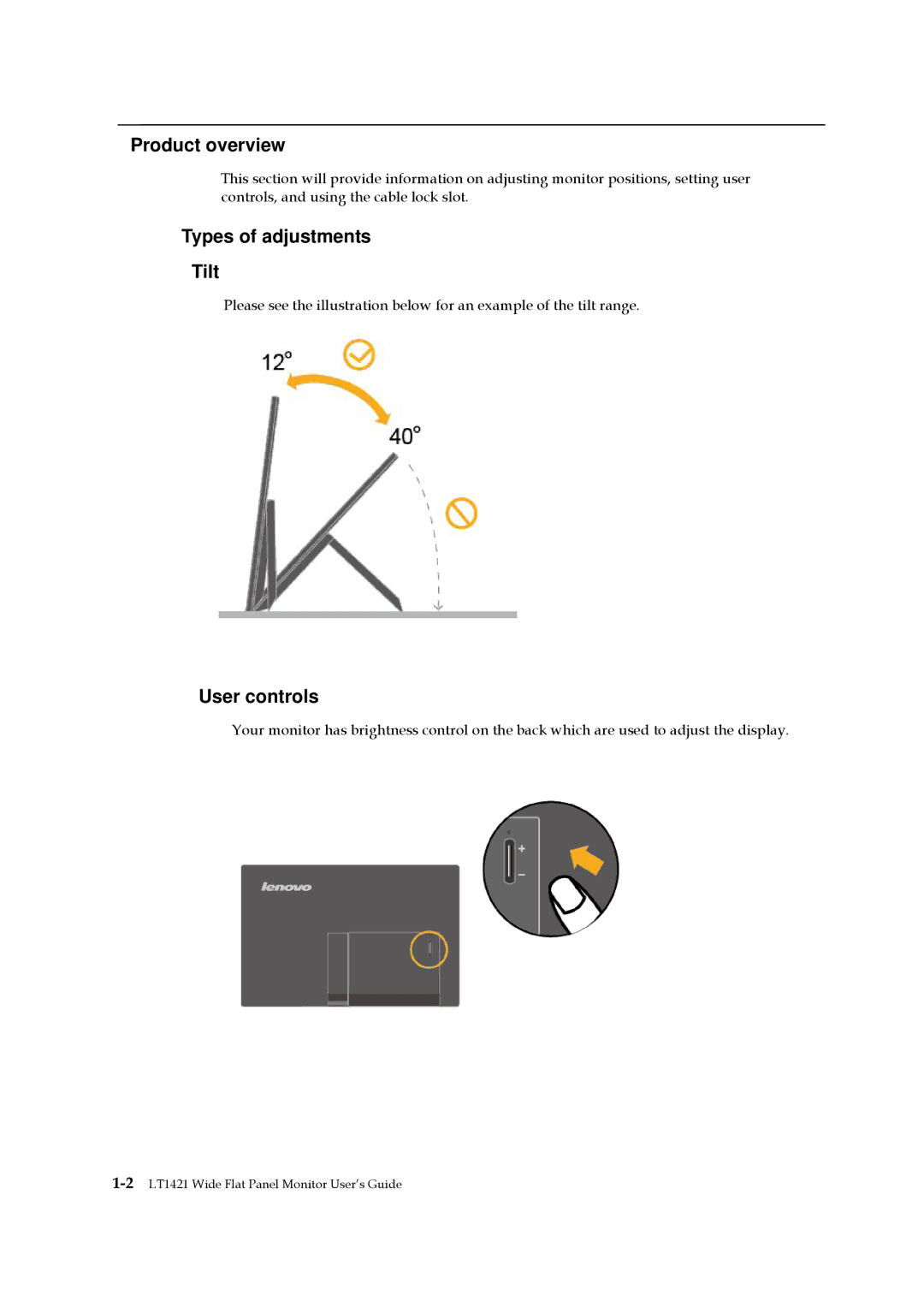 Lenovo 1452DB6 manual Product overview, Types of adjustments Tilt, User controls 