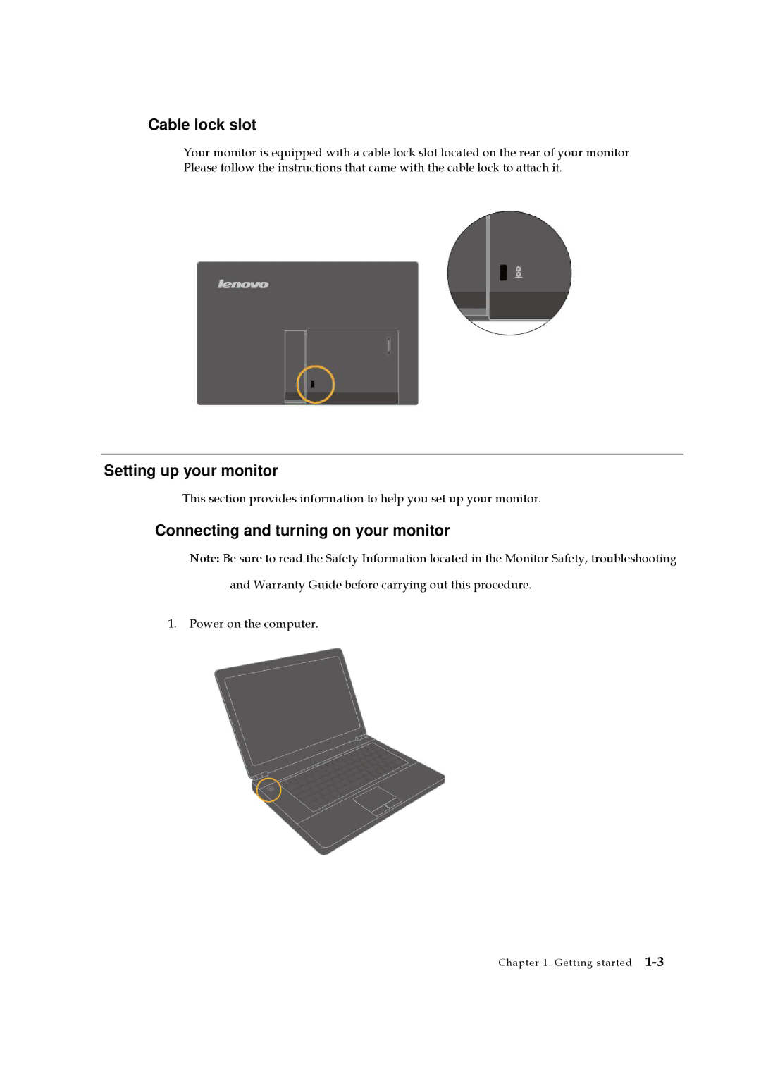 Lenovo 1452DB6 manual Cable lock slot, Setting up your monitor, Connecting and turning on your monitor 