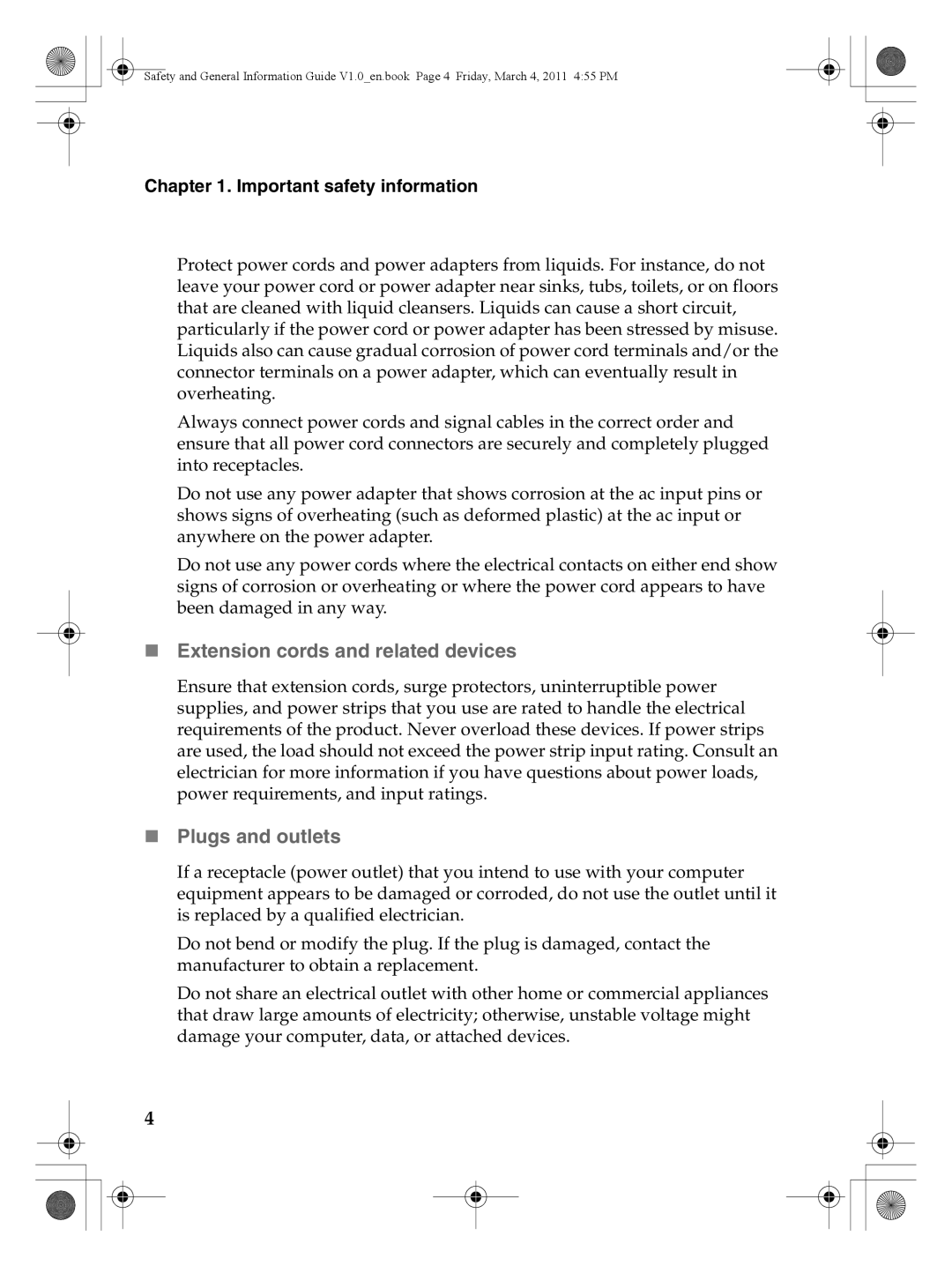 Lenovo 147500112 manual „ Extension cords and related devices, „ Plugs and outlets 