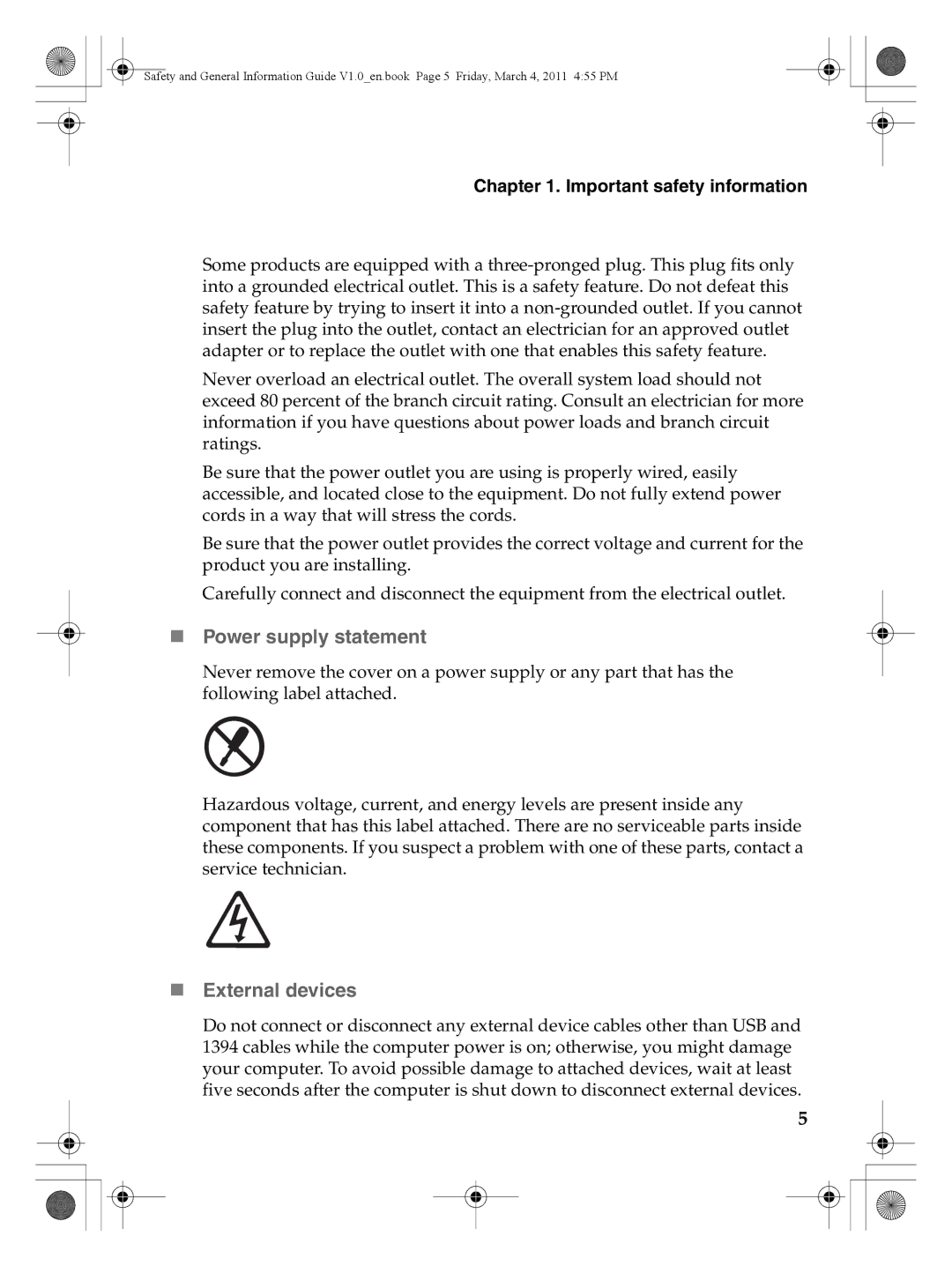 Lenovo 147500112 manual „ Power supply statement, „ External devices 