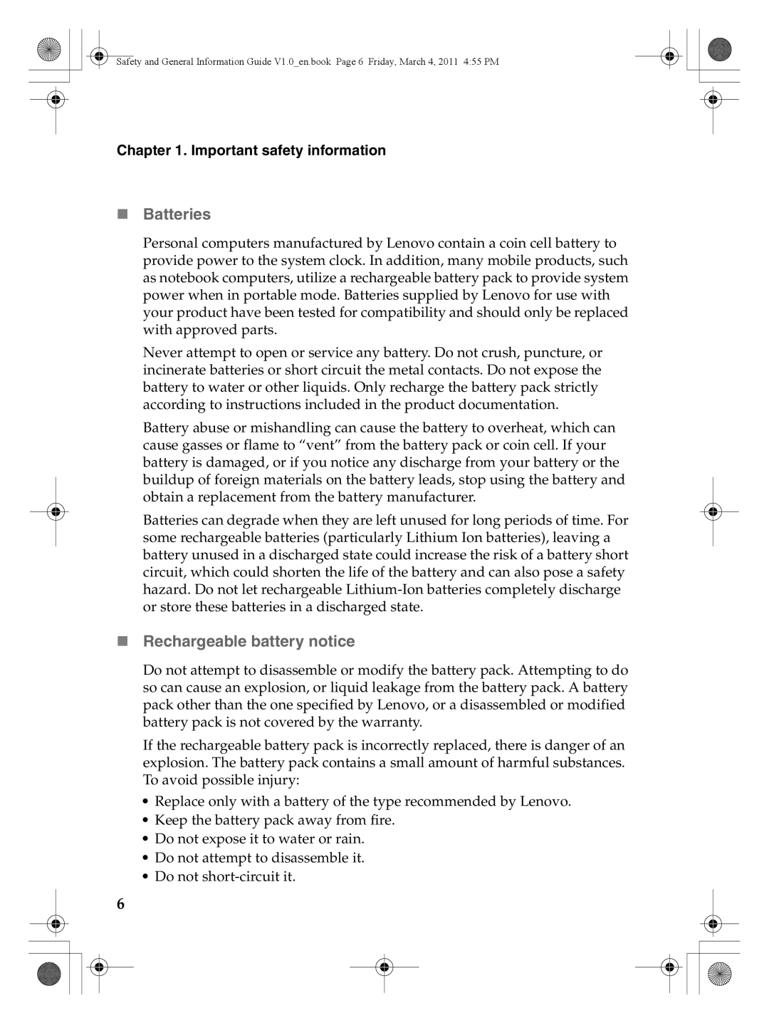 Lenovo 147500112 manual „ Batteries, „ Rechargeable battery notice 