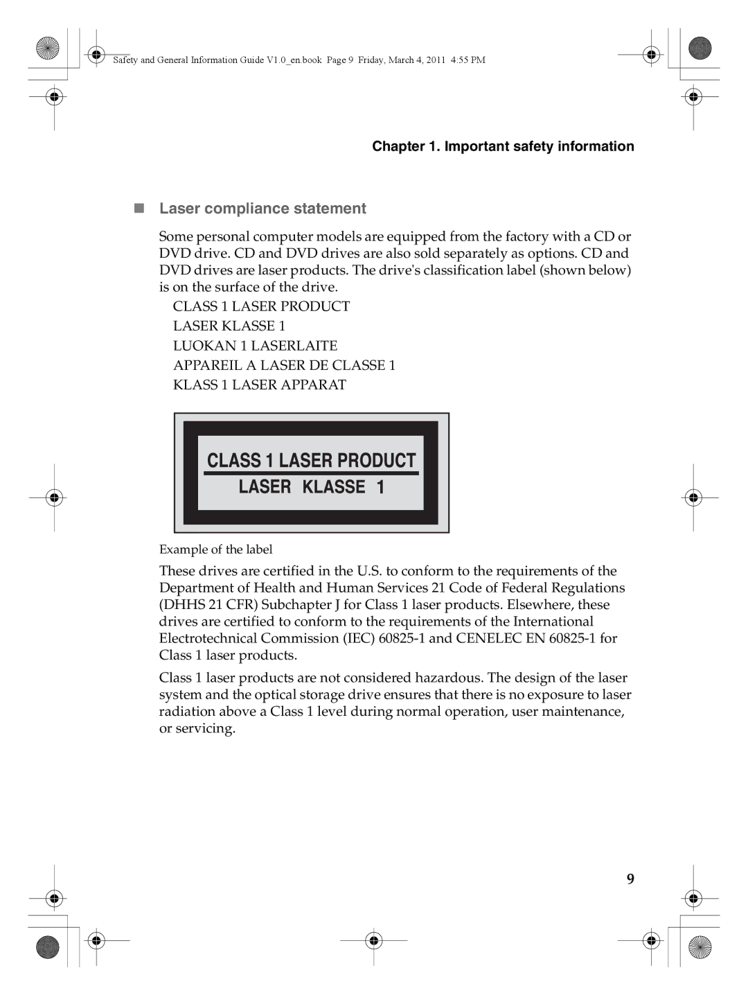 Lenovo 147500112 manual „ Laser compliance statement 