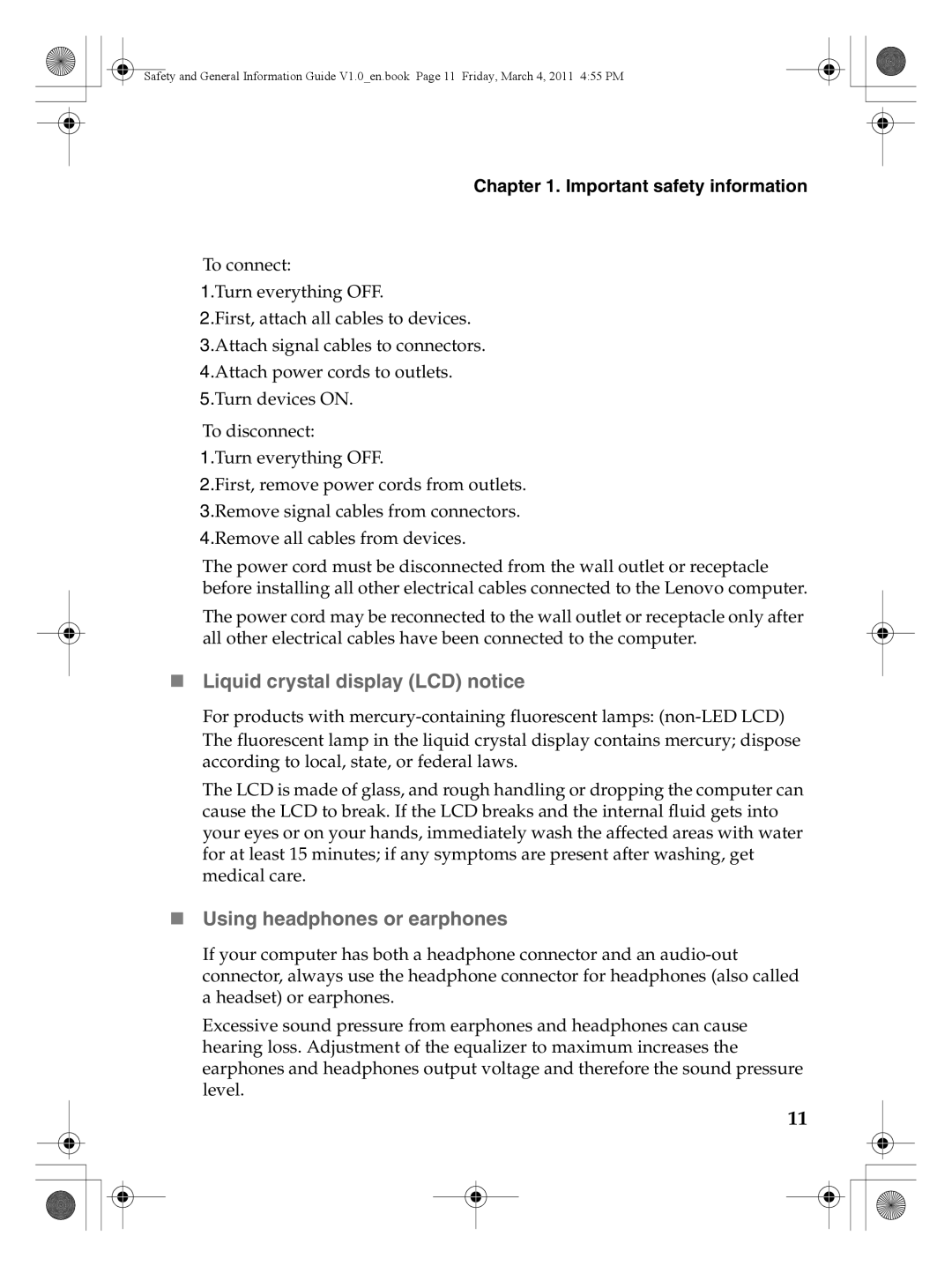 Lenovo 147500112 manual „ Liquid crystal display LCD notice, „ Using headphones or earphones 