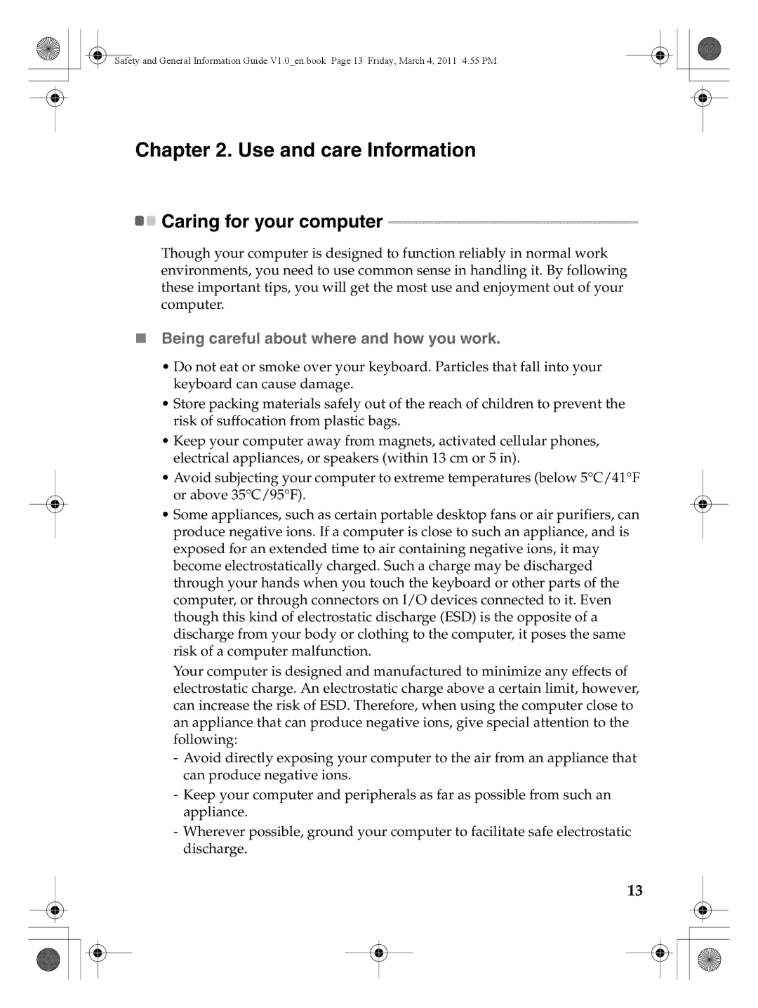 Lenovo 147500112 manual Use and care Information, Caring for your computer, „ Being careful about where and how you work 