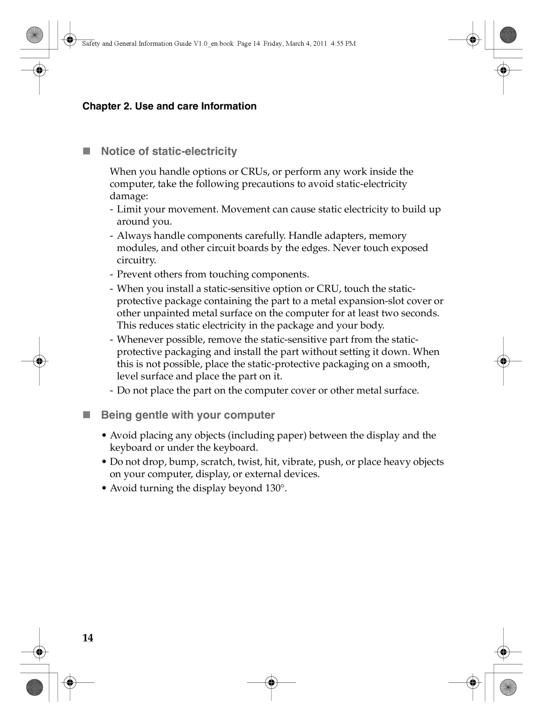 Lenovo 147500112 manual „ Notice of static-electricity, „ Being gentle with your computer 