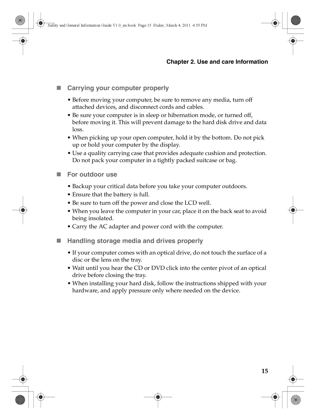 Lenovo 147500112 manual „ Carrying your computer properly, „ For outdoor use, „ Handling storage media and drives properly 