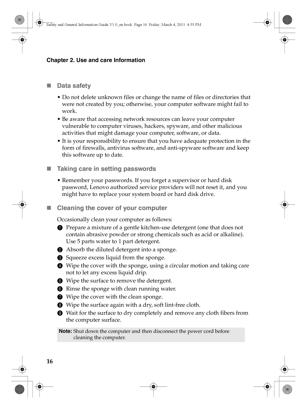 Lenovo 147500112 manual „ Data safety, „ Taking care in setting passwords, „ Cleaning the cover of your computer 