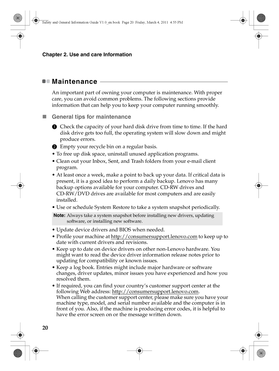 Lenovo 147500112 manual Maintenance, „ General tips for maintenance 