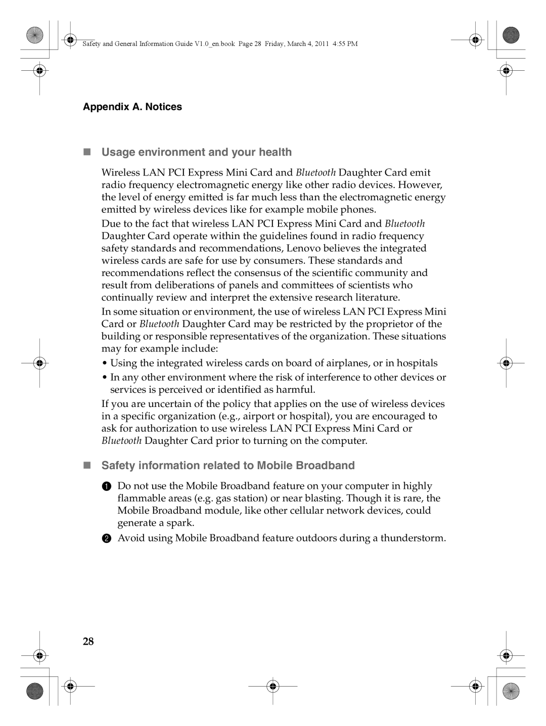 Lenovo 147500112 manual „ Usage environment and your health, „ Safety information related to Mobile Broadband 