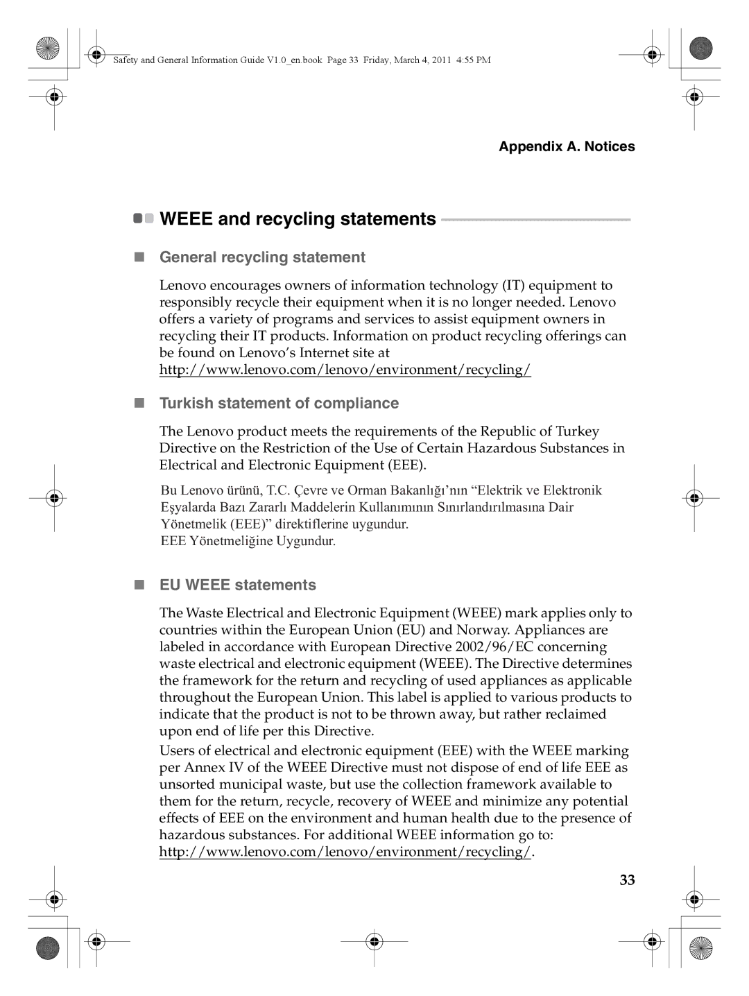 Lenovo 147500112 manual Weee and recycling statements, „ EU Weee statements 