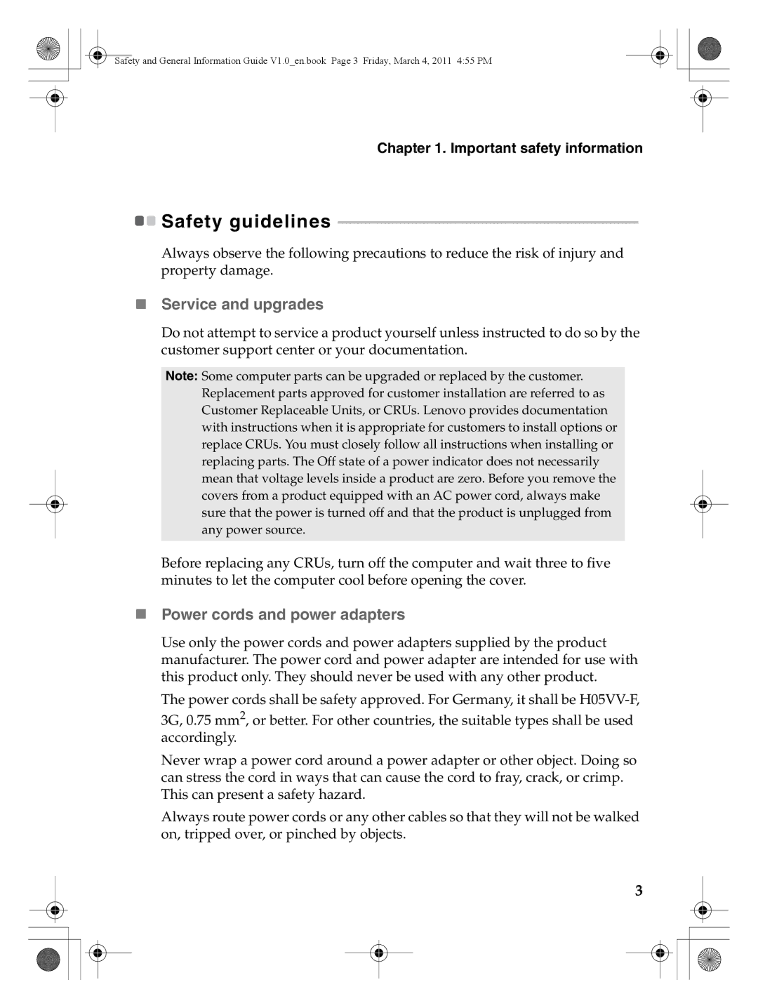 Lenovo 147500112 manual Safety guidelines, „ Service and upgrades, „ Power cords and power adapters 