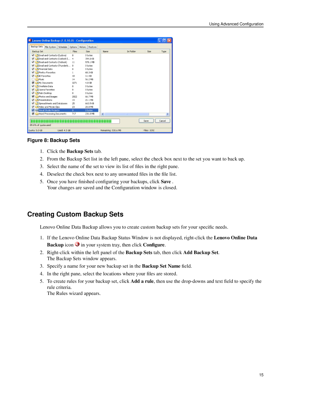 Lenovo 1.8.14 manual Creating Custom Backup Sets 