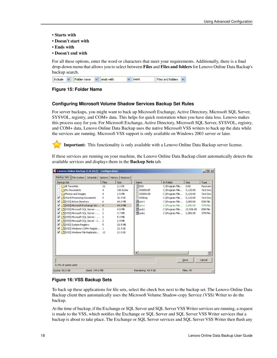 Lenovo 1.8.14 manual Starts with Doesnt start with Ends with Doesnt end with, VSS Backup Sets 
