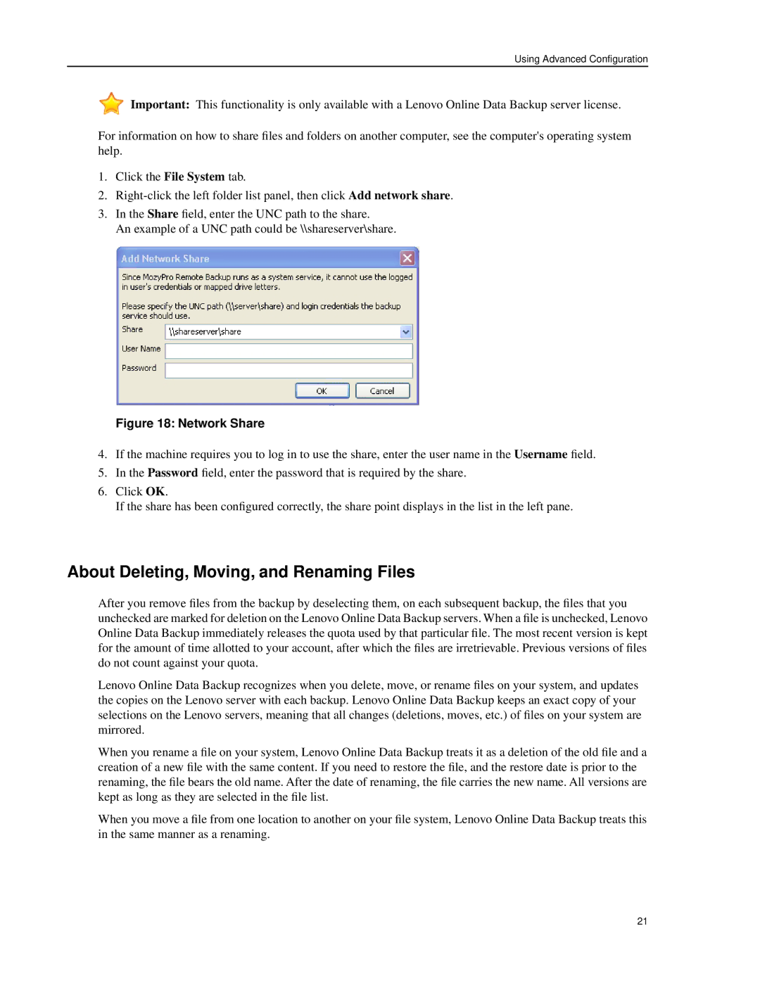 Lenovo 1.8.14 manual About Deleting, Moving, and Renaming Files, Network Share 