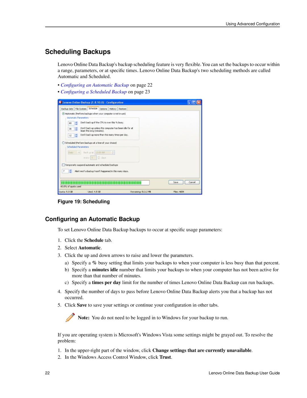 Lenovo 1.8.14 manual Scheduling Backups, Configuring an Automatic Backup, Select Automatic 