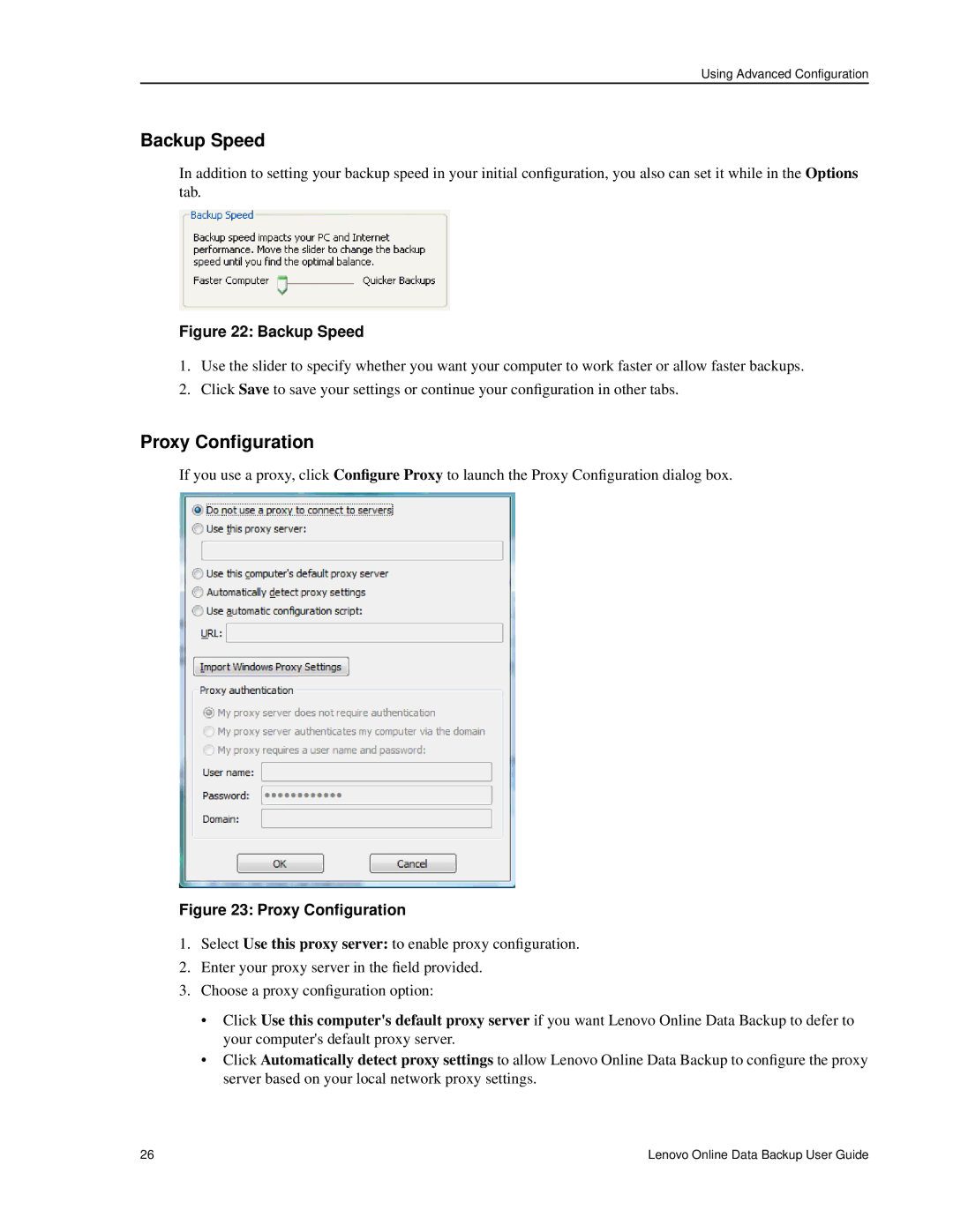 Lenovo 1.8.14 manual Backup Speed, Proxy Configuration 