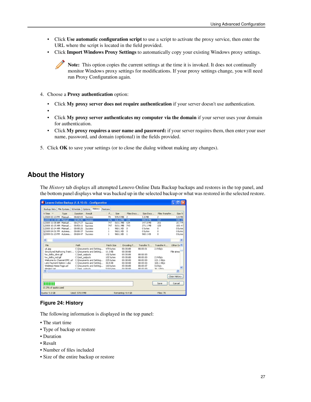 Lenovo 1.8.14 manual About the History, Choose a Proxy authentication option 