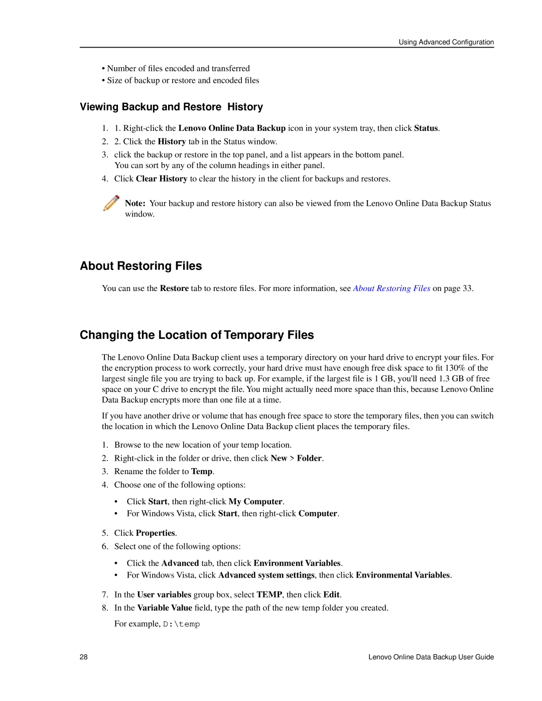 Lenovo 1.8.14 manual About Restoring Files, Changing the Location of Temporary Files, Viewing Backup and Restore History 