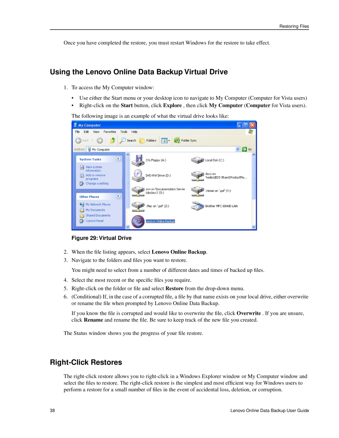 Lenovo 1.8.14 manual Using the Lenovo Online Data Backup Virtual Drive, Right-Click Restores 