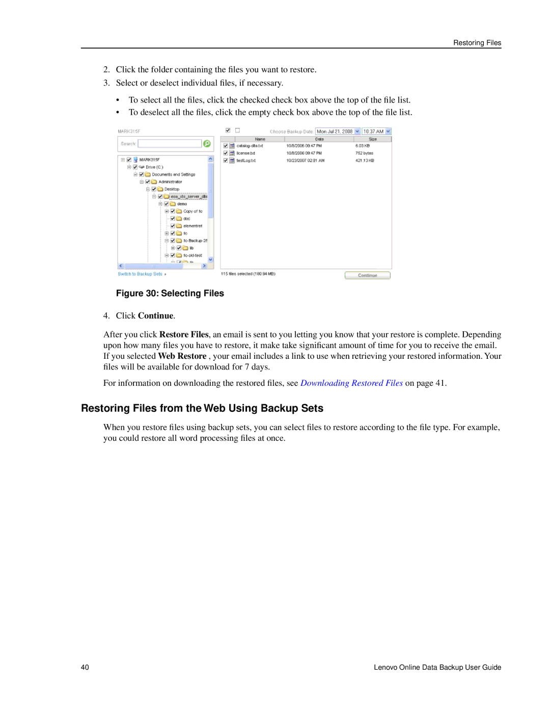 Lenovo 1.8.14 manual Restoring Files from the Web Using Backup Sets, Click Continue 