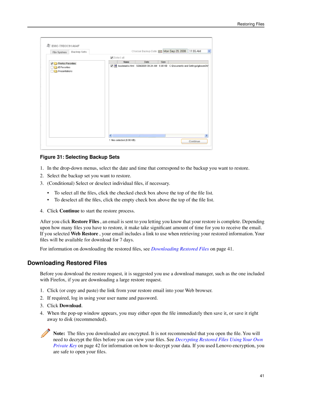 Lenovo 1.8.14 manual Downloading Restored Files, Click Download 