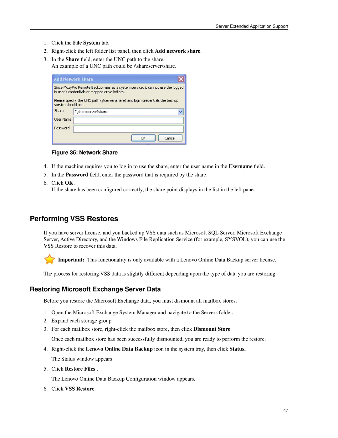 Lenovo 1.8.14 manual Performing VSS Restores 