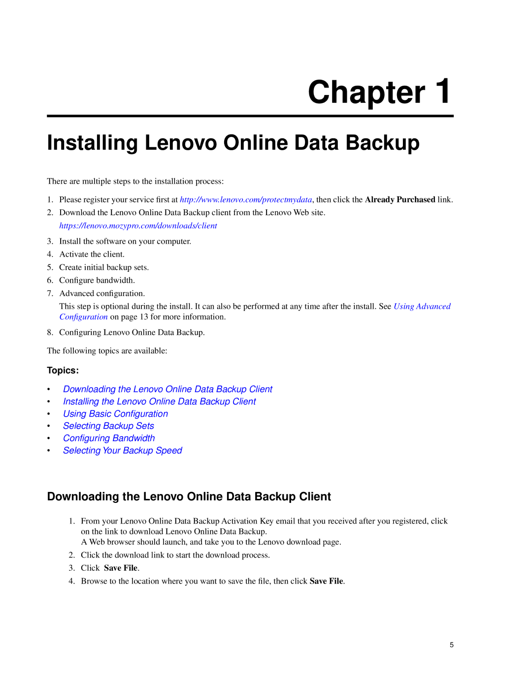 Lenovo 1.8.14 Installing Lenovo Online Data Backup, Downloading the Lenovo Online Data Backup Client, Click Save File 