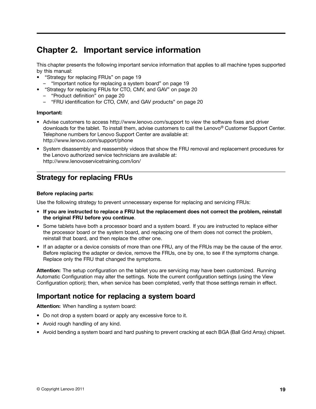 Lenovo 183822U Important service information, Strategy for replacing FRUs, Important notice for replacing a system board 