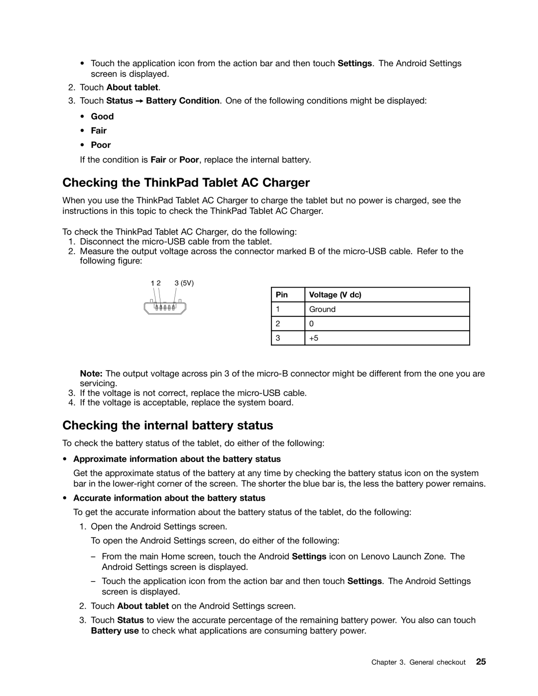 Lenovo 183822U, 183825U manual Checking the ThinkPad Tablet AC Charger, Checking the internal battery status 