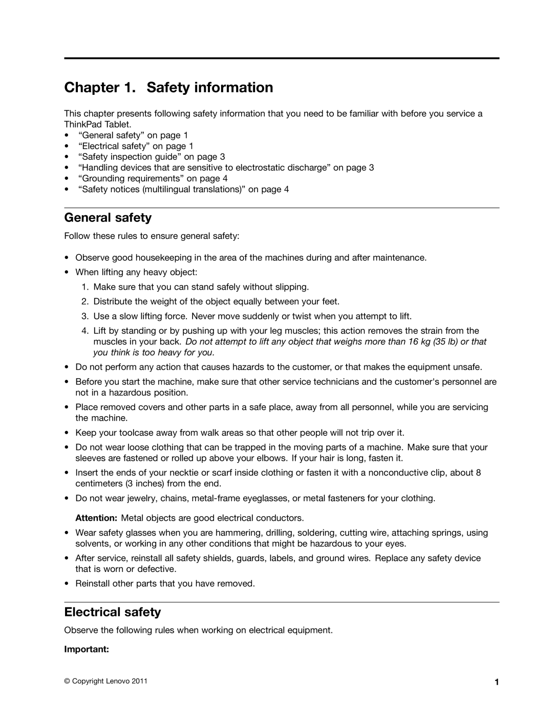 Lenovo 183822U, 183825U manual Safety information, General safety, Electrical safety 