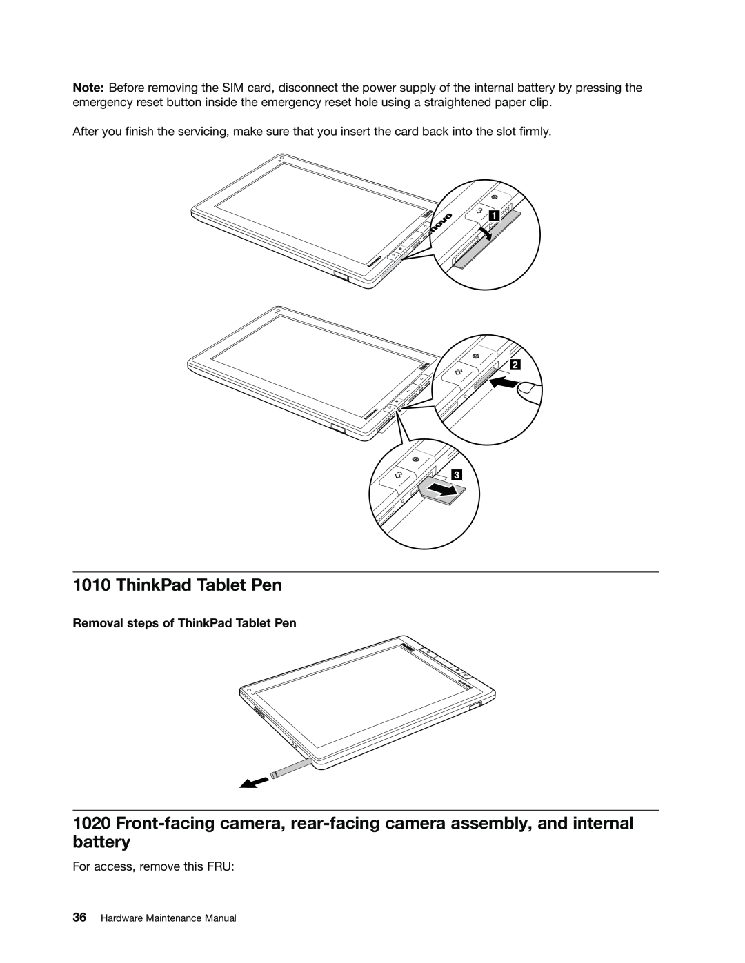 Lenovo 183825U, 183822U manual Removal steps of ThinkPad Tablet Pen 