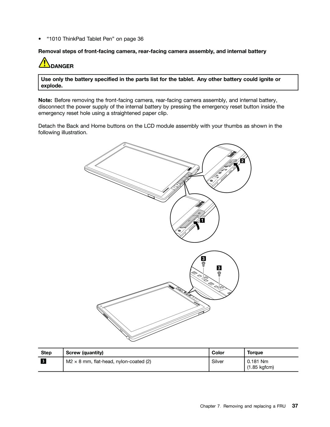 Lenovo 183822U, 183825U manual “1010 ThinkPad Tablet Pen” on page, Danger 