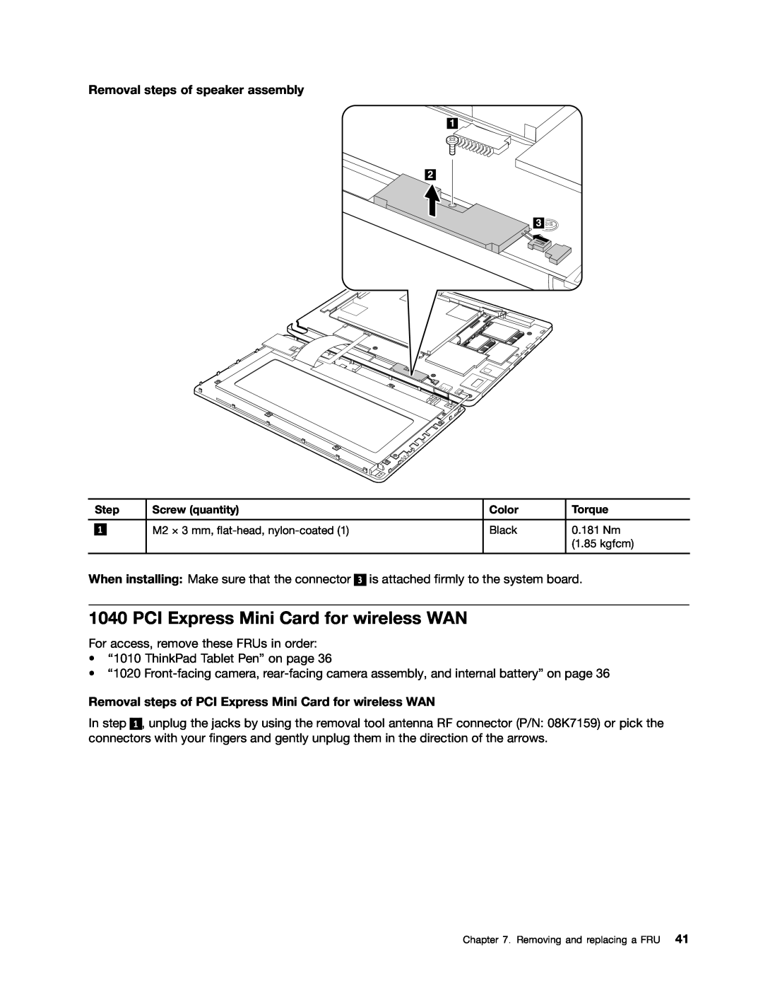 Lenovo 183822U, 183825U manual PCI Express Mini Card for wireless WAN, Removal steps of speaker assembly 