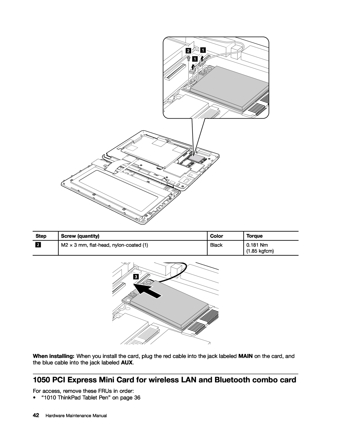 Lenovo 183825U manual PCI Express Mini Card for wireless LAN and Bluetooth combo card, kgfcm, Hardware Maintenance Manual 