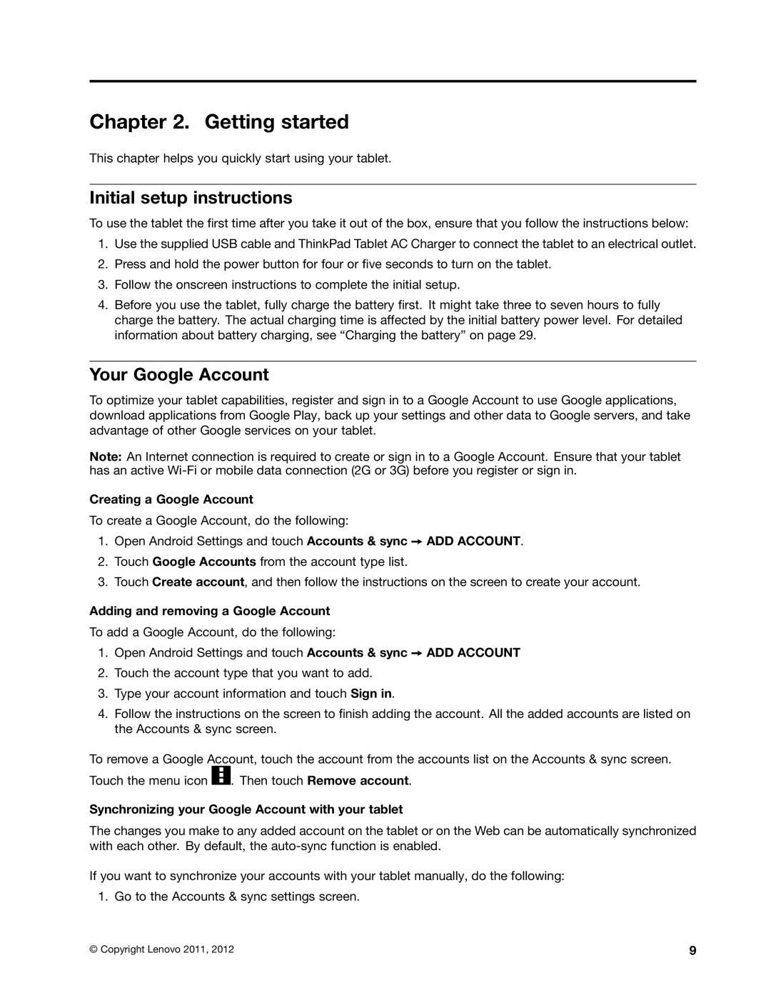 Lenovo 183825U manual Getting started, Initial setup instructions, Your Google Account 