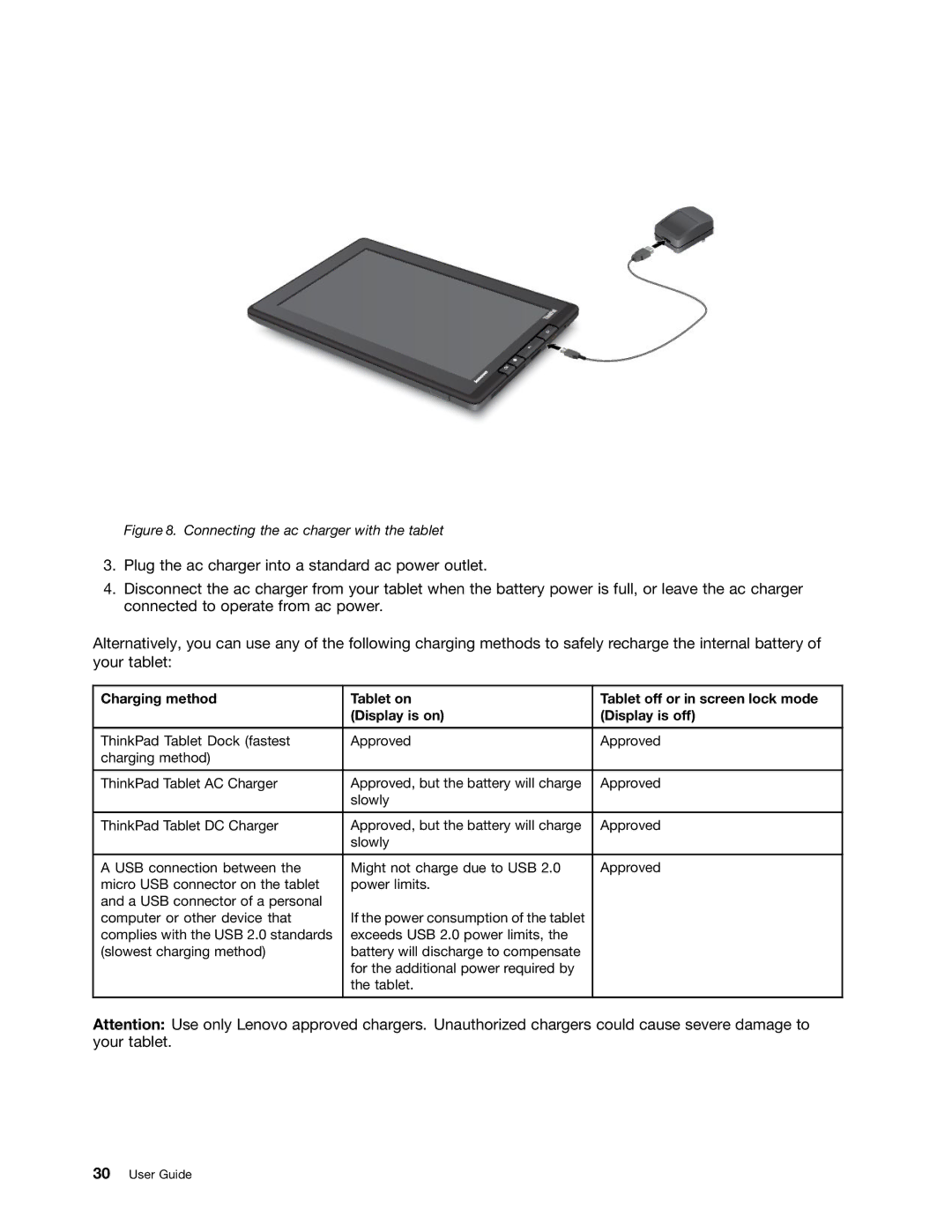 Lenovo 183825U manual Connecting the ac charger with the tablet 