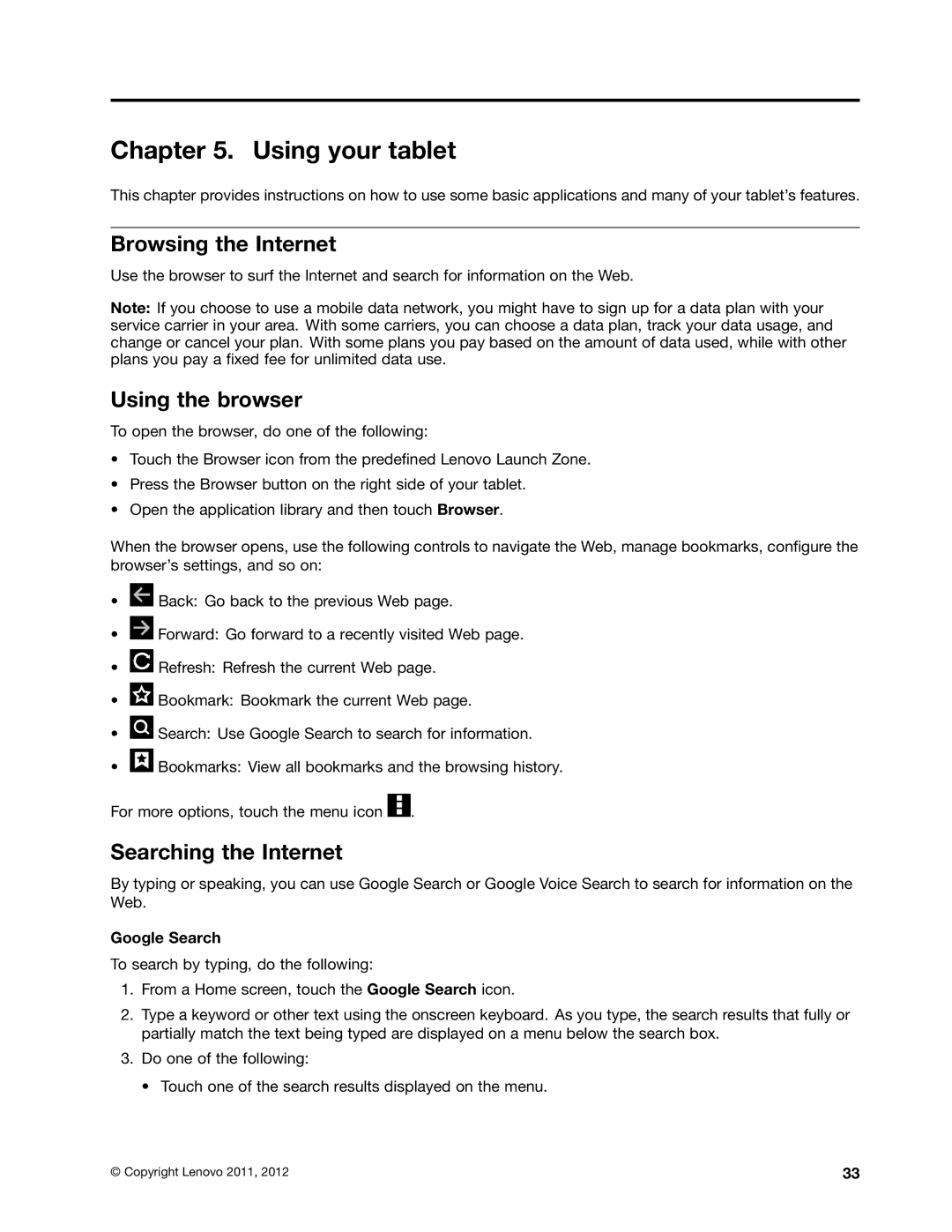 Lenovo 183825U manual Using your tablet, Browsing the Internet, Using the browser, Searching the Internet 