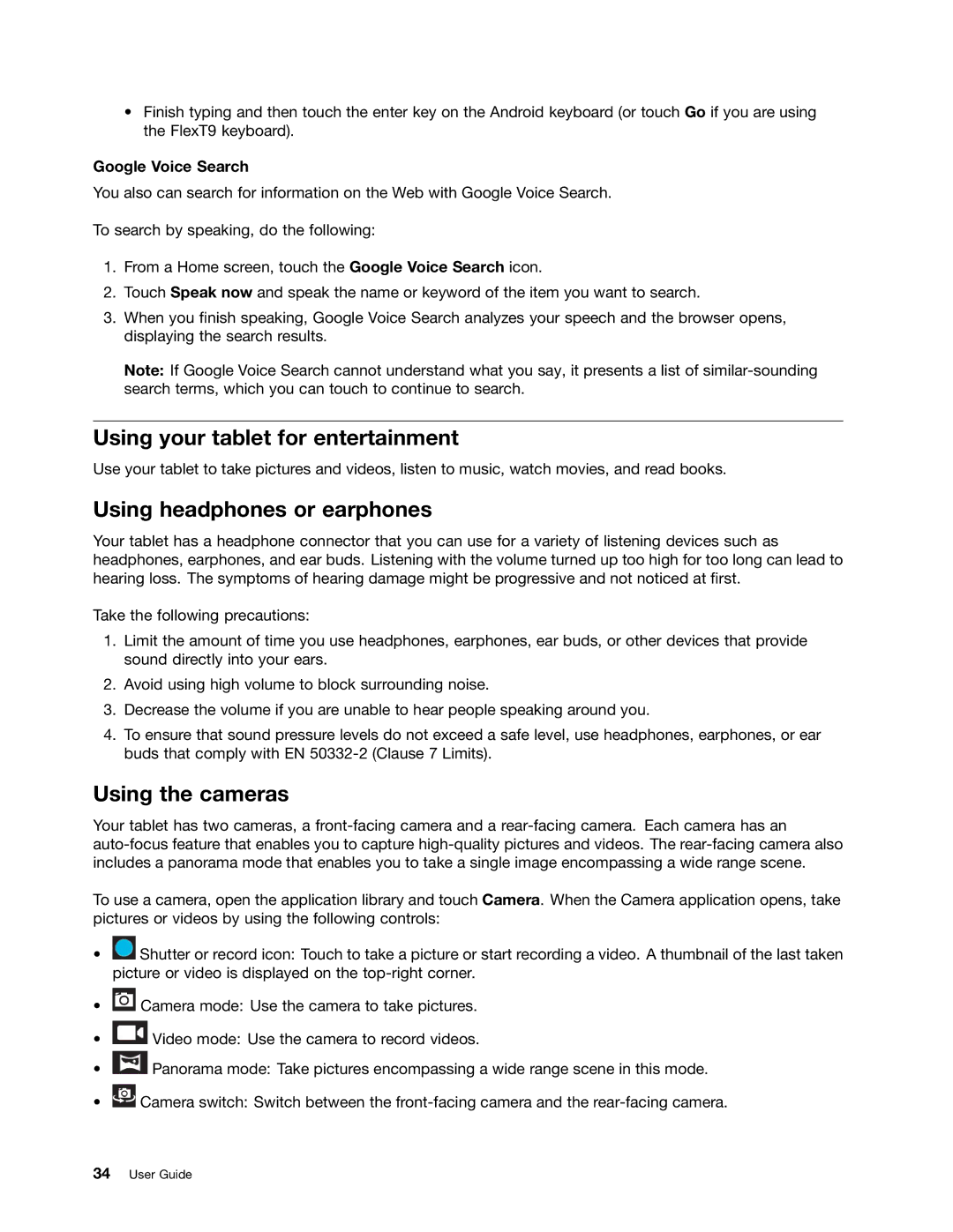 Lenovo 183825U manual Using your tablet for entertainment, Using headphones or earphones, Using the cameras 